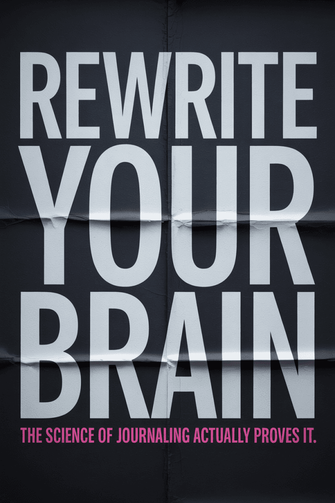Bold black poster with white and pink text that says “Rewrite your brain – the science of journaling actually proves it.”