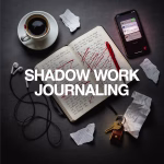 Open journal surrounded by a phone, tangled earphones, keys, coffee and crumpled receipts beneath the words “Shadow Work Journaling.”
