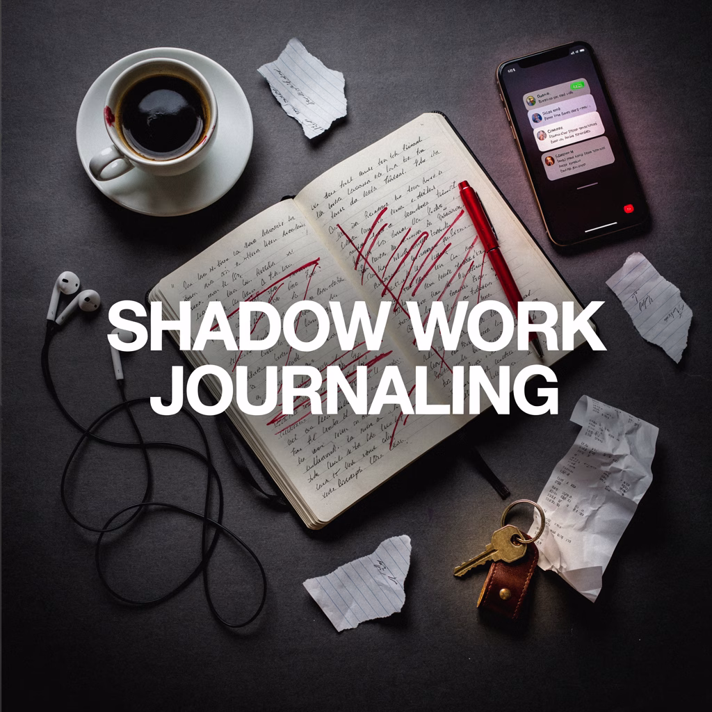 Open journal surrounded by a phone, tangled earphones, keys, coffee and crumpled receipts beneath the words “Shadow Work Journaling.”