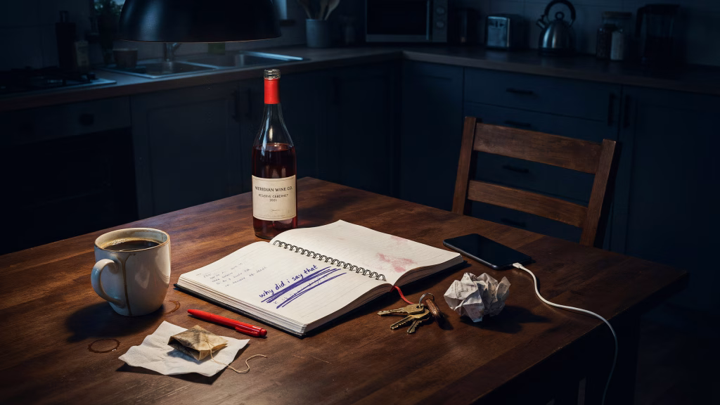 Open journal, cold coffee, phone and crumpled receipt on a dark kitchen table, representing an emotional reaction waiting to be explored.