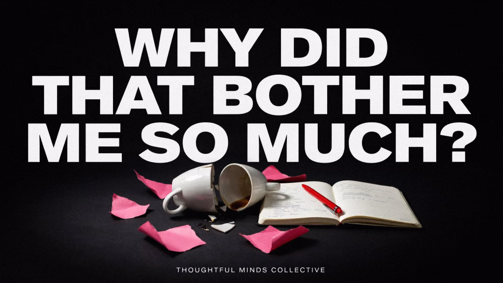 Broken coffee mug beside an open journal and red pen with the question “Why did that bother me so much?”