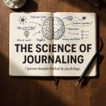 Open notebook featuring an anatomical brain drawing with text highlighting seven science-backed benefits of journaling.