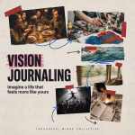 Colourful editorial collage of friendship, travel, creativity, music, swimming and journal writing, representing vision journaling and imagining a life that feels like your own.