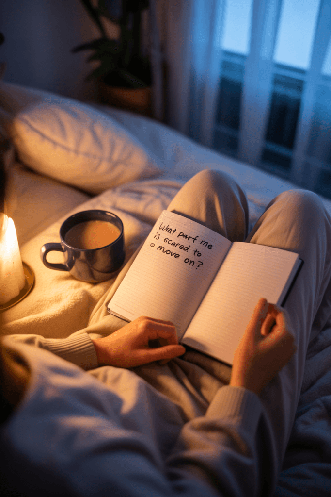 Journaling at night image—journal on someone’s lap, candle glowing nearby, soft shadows, peaceful
