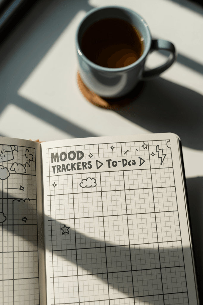 A greyscale mood tracker journal spread with stars, clouds, and lightning bolt doodles. The main text overlay says “Mood Trackers > To-Do Lists.” There’s a tea mug blurred in the background, giving a slow, mindful vibe.