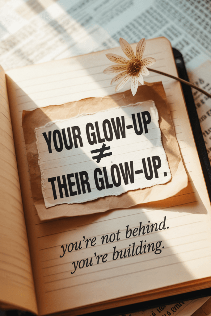 A vintage-style dotted journal page with bold handwritten text saying “Your Glow-Up ≠ Their Glow-Up.” Pressed flowers, tape corners, and a slightly torn paper collage effect give the image a raw and personal tone.
