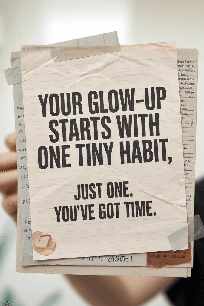 Grungy torn-paper background with handwritten text that says “Your Glow-Up Starts with One Tiny Habit.” The background has a scribbled notebook feel with washi tape corners and a slightly messy aesthetic.