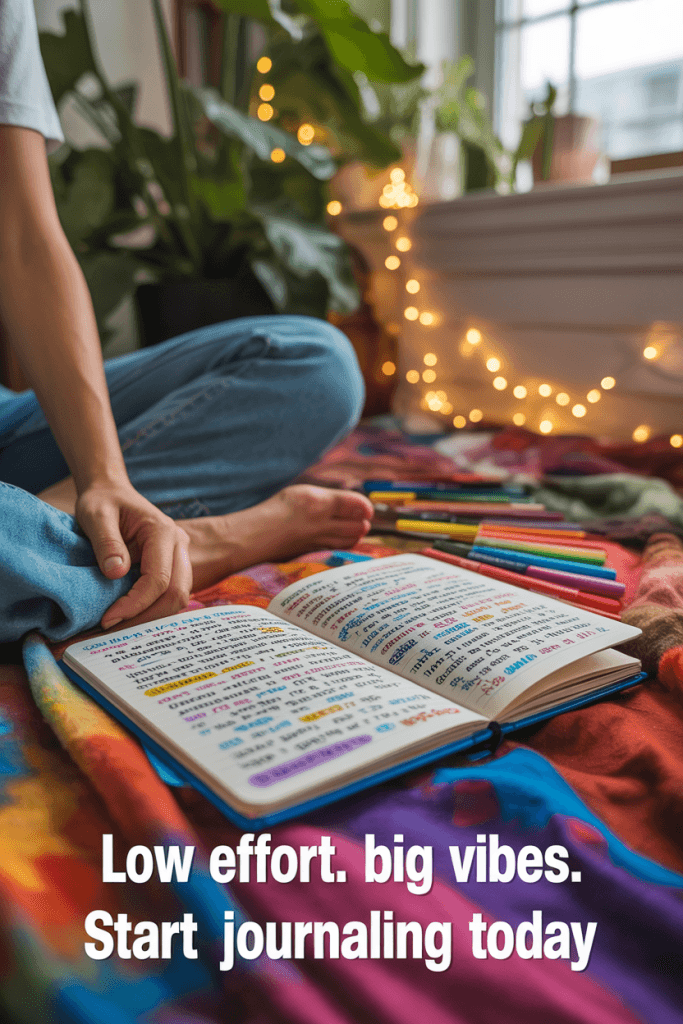 Person journaling on a blanket with cozy lighting and plants in background, text overlay reads “Low Effort. Big Vibes. Start Journaling Today”