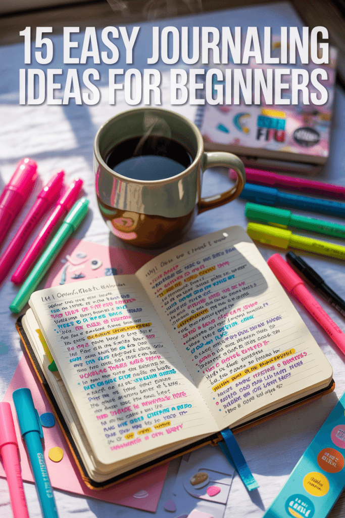 Flat lay of colorful journal, pens, and coffee mug with text overlay reading “15 Easy Journaling Ideas for Beginners”