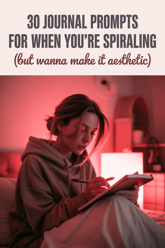 Cherry-coded pin showing a girl journaling in a hoodie with red lighting. Overlay text reads “30 Journal Prompts for When You’re Spiraling (But Wanna Make It Aesthetic)”.