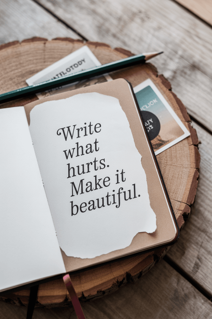 Open journal page with the line “Write what hurts. Make it beautiful.” written in dark calligraphy across the middle.