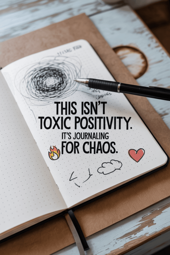 Flatlay of an open journal page with black scribbles and a pen. Overlay text says “This Isn’t Toxic Positivity. It’s Journaling for Chaos.”