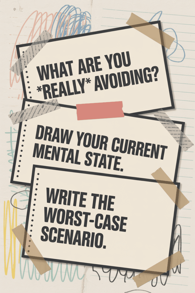 Carousel-style image with three overlapping prompt cards: “What are you really avoiding?”, “Write the worst-case scenario,” and “Draw your mental state.”