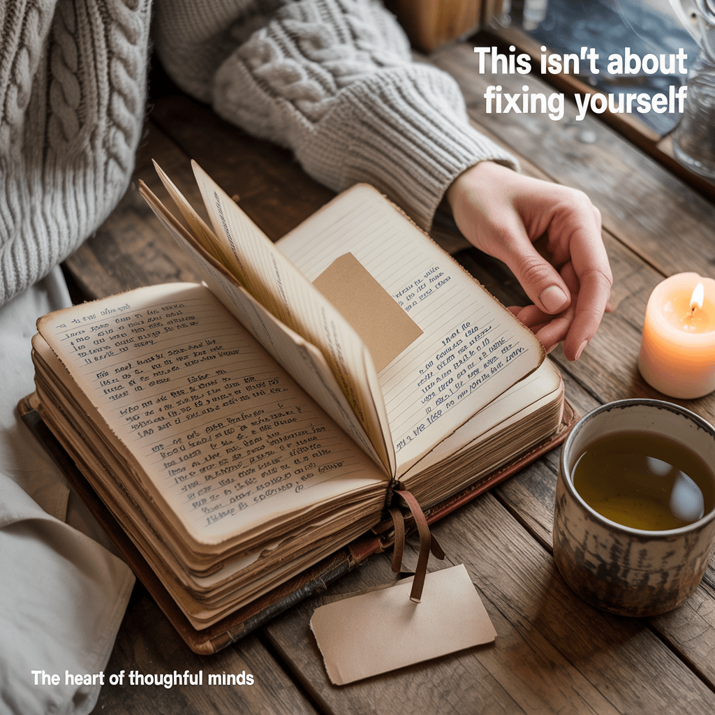 Abiut us page Flat lay of an open journal with raw handwriting, cozy lighting, a hand in a sweater reaching toward the page, tea and candle nearby—evoking realness, reflection, and emotional warmth. Overlay text reads “this isn’t about fixing yourself.”