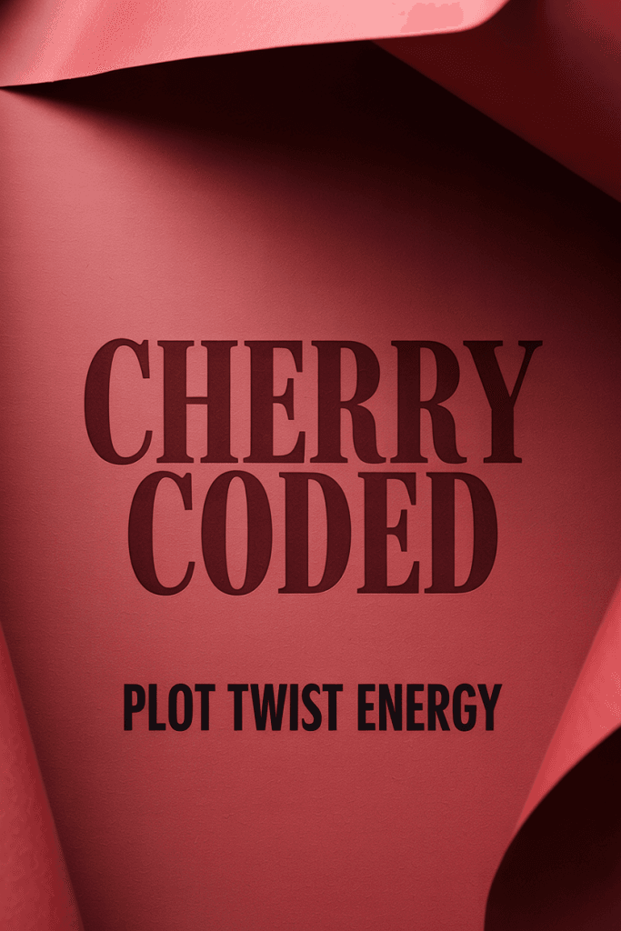 Bold red journal spread with dramatic shadows and deep cherry tones. Overlay text reads “Cherry Coded. Plot Twist Energy.” High-contrast and emotionally charged aesthetic.