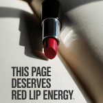 Red lipstick on journal page under bold lighting. Overlay text says “This Page Deserves Red Lip Energy.” Clean, glossy, and powerful.