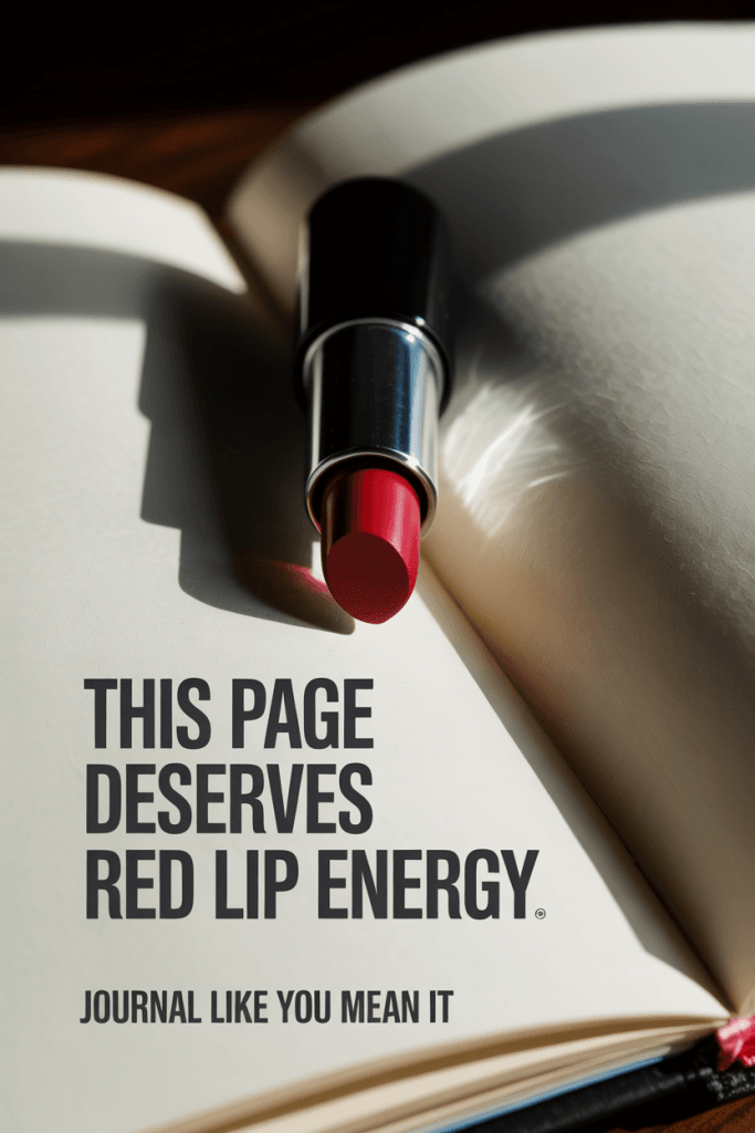 Red lipstick on journal page under bold lighting. Overlay text says “This Page Deserves Red Lip Energy.” Clean, glossy, and powerful.