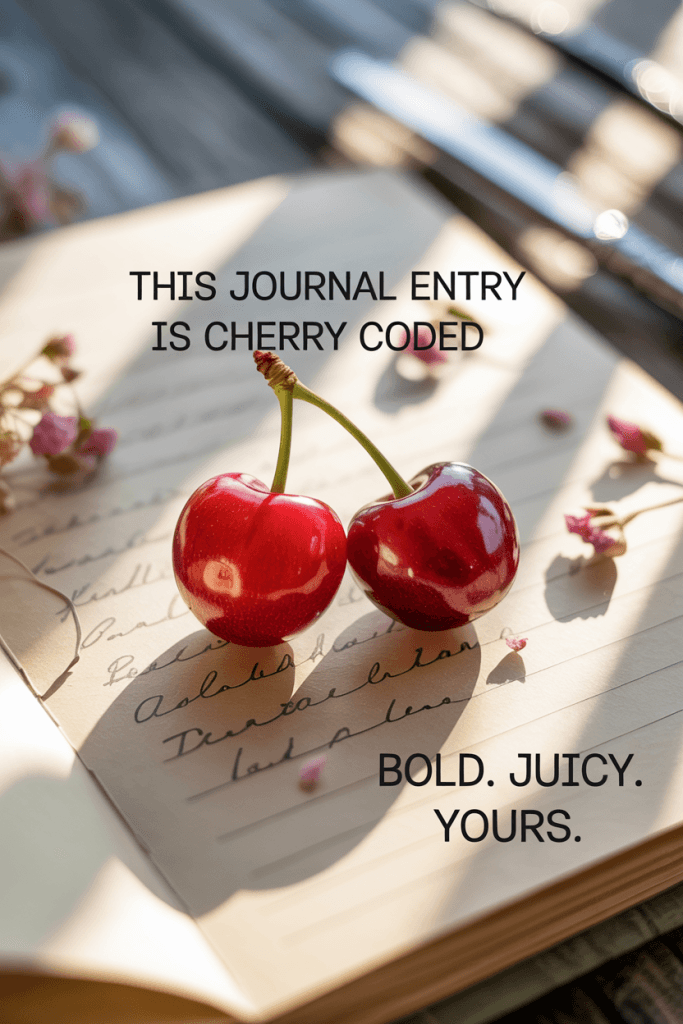 Cherries beside an open journal in soft daylight. Overlay text says “This Journal Entry Is Cherry Coded.” Playful, aesthetic, and vibrant.