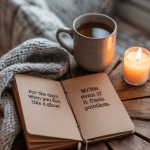 Candlelit cozy scene with journal, blanket, and mug—emotional and soft.