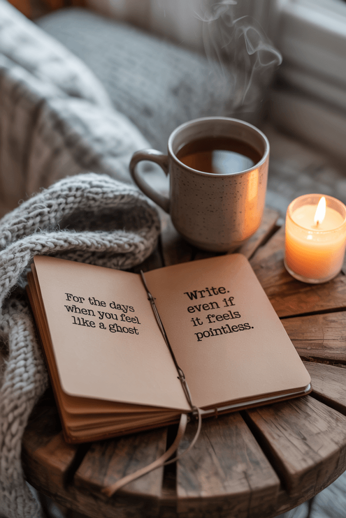 Candlelit cozy scene with journal, blanket, and mug—emotional and soft.