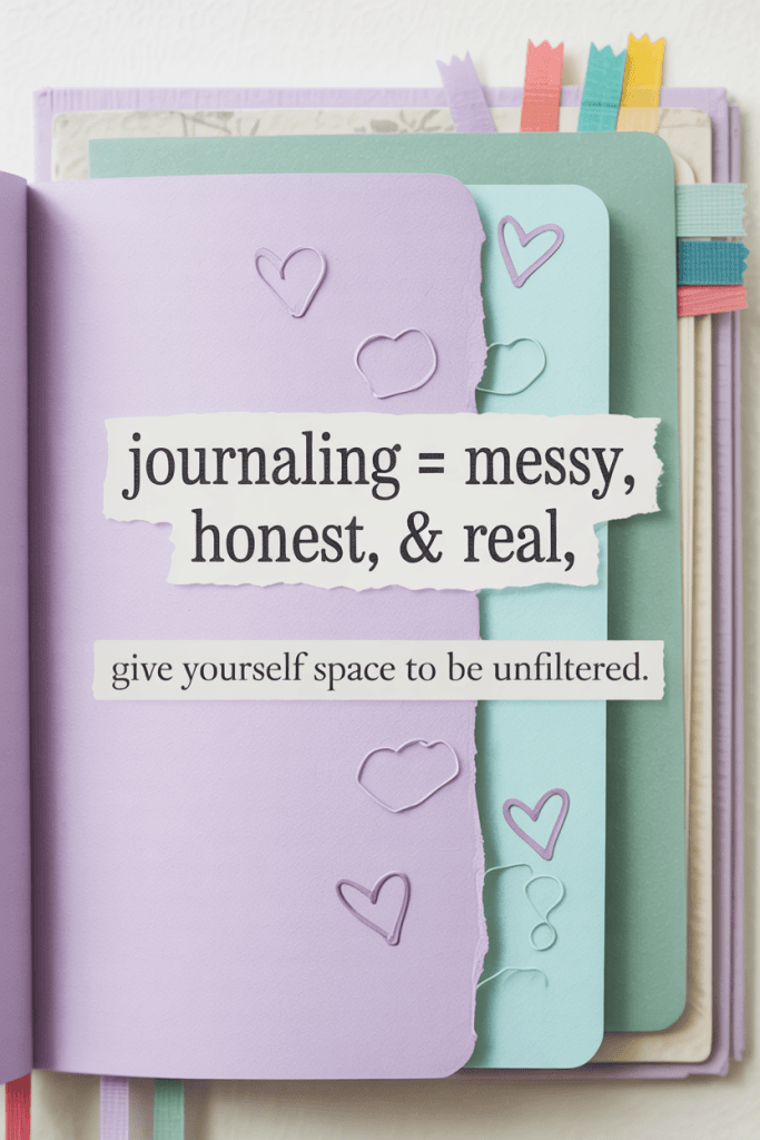 Soft pastel journaling scene with heart doodles and scribbles.