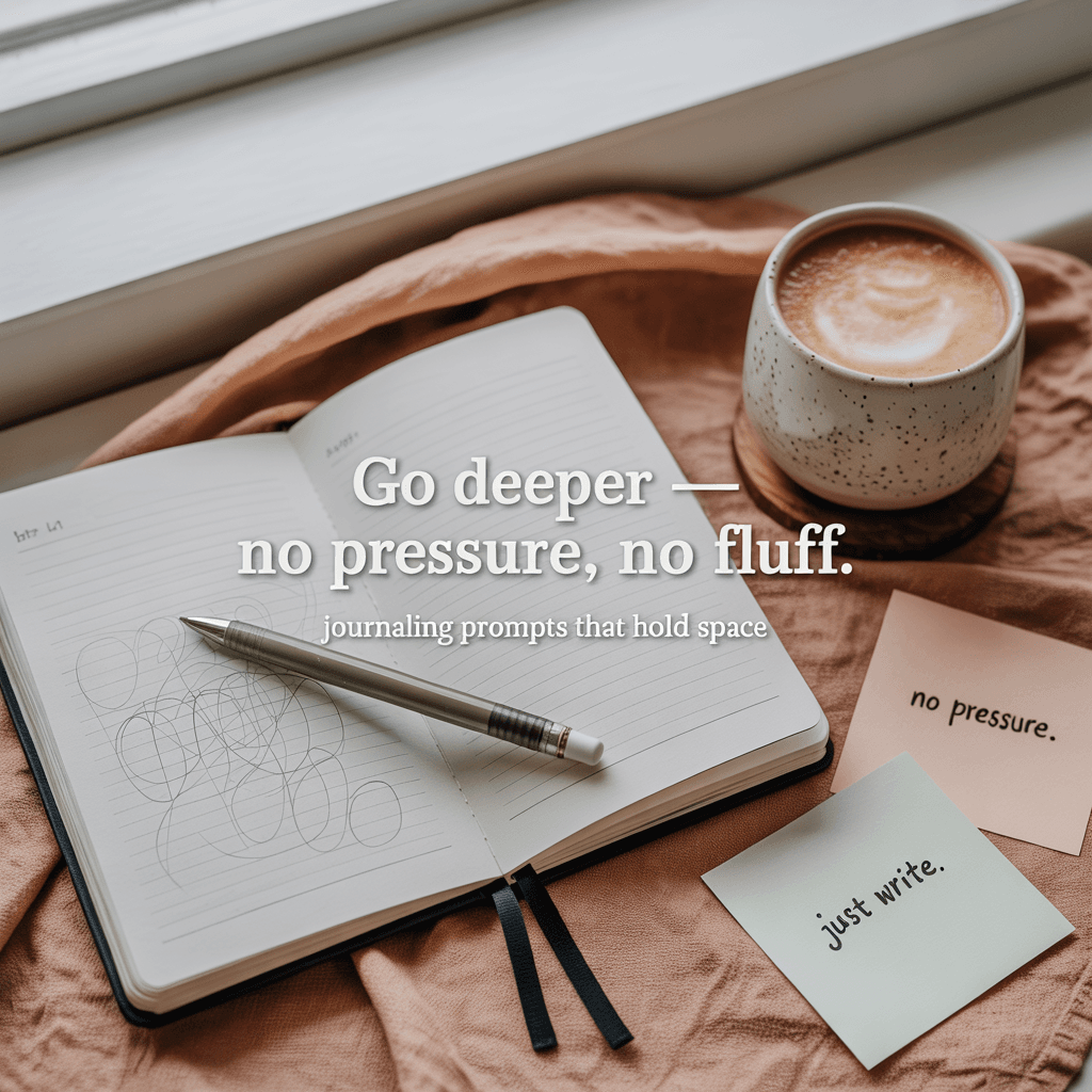 Flat lay with an open journal, soft-toned sticky notes, and a latte, evoking a calm, introspective journaling mood with overlay text that says “go deeper — no pressure, no fluff.”

