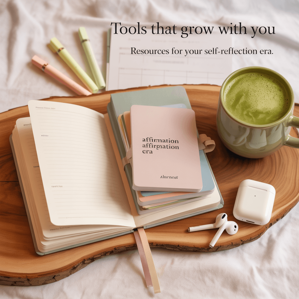 Flat lay of journal supplies, printed prompts, and matcha latte, styled in soft greens and blush tones with text: “tools that grow with you.”