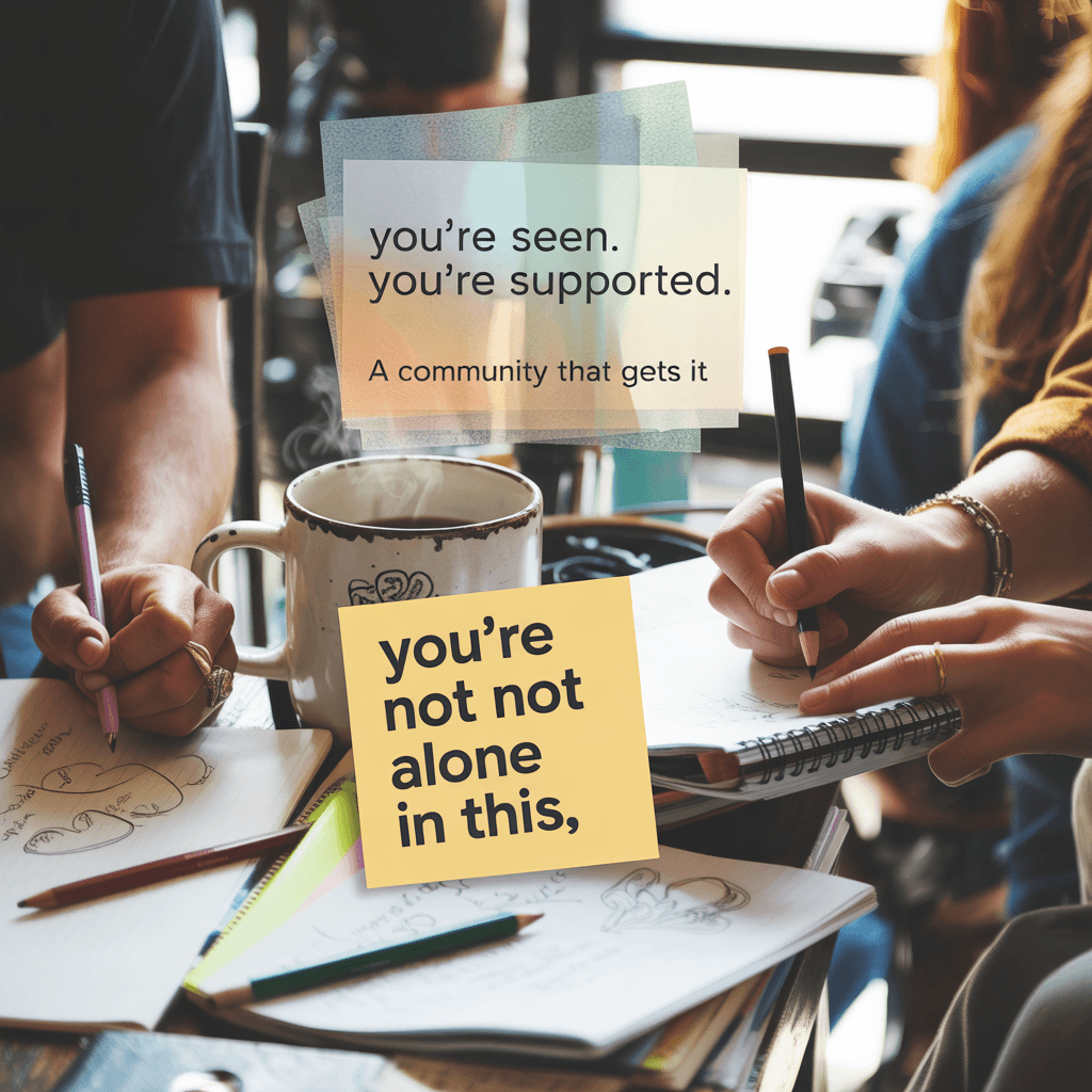 Flat lay of different hands journaling together with coffee and notes, creating a sense of creative community and support, with overlay text: “you’re seen. you’re supported.”
