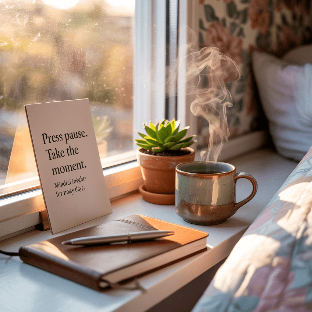 Serene windowsill with journal, tea, and sunlight casting soft shadows, featuring the words “press pause. take the moment.”