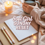 Soft girl aesthetic journal setup with free printable card, candle, tea, and cozy textures.