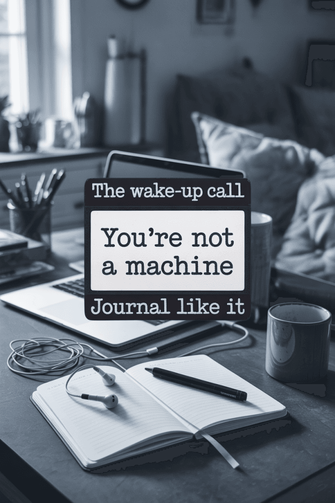 Slightly chaotic desk with unplugged tech (laptop, earbuds), open journal, and soft moody lighting. Overlay text says “You’re Not a Machine — Journal Like It” in typewriter-style font. Grungy, real-life digital burnout aesthetic.