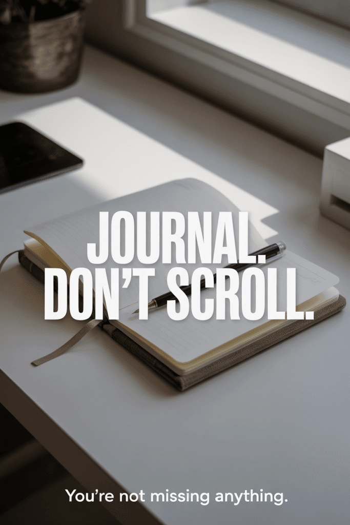 Minimal white desk with a blank journal and pen mid-sentence. No clutter. Overlay text says “Journal. Don’t Scroll.” in bold, modern sans-serif font. Soft, minimalist mood for digital detox content.