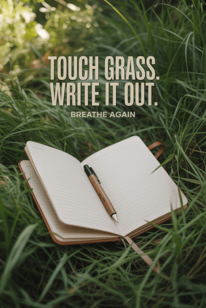 Outdoor journal flat lay on fresh green grass with sunlight filtering through. Open notebook with pen across the page. Overlay text says “Touch Grass. Write It Out. Breathe Again” in bold serif font. Naturecore, peaceful, and grounding vibe.