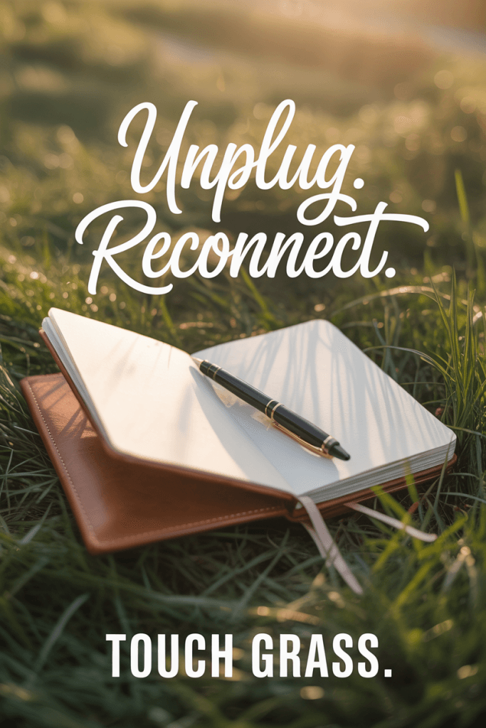 Sunset-toned grass background with an open journal resting on top. Warm, dreamy lighting and soft shadows. Overlay text says “Unplug. Reconnect. Touch Grass” in elegant handwritten and serif fonts. Reflective and serene outdoor vibe.