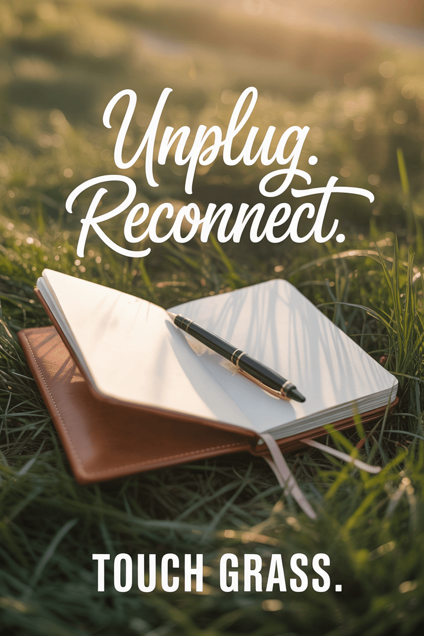 Sunset-toned grass background with an open journal resting on top. Warm, dreamy lighting and soft shadows. Overlay text says “Unplug. Reconnect. Touch Grass” in elegant handwritten and serif fonts. Reflective and serene outdoor vibe.