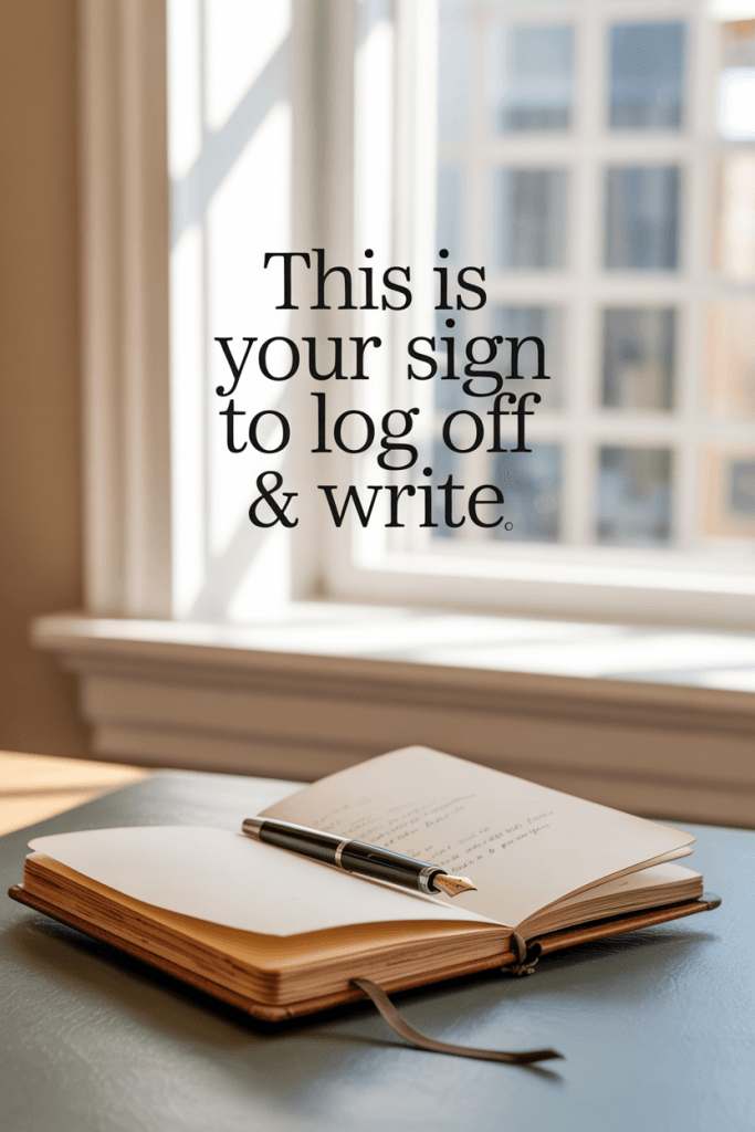 Clean and minimal indoor desk setup with soft natural light. Neutral-toned open journal and pen. Overlay text says “This Is Your Sign to Log Off & Write” in bold serif font. Calm, Pinterest aesthetic with a soft reset tone.