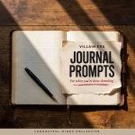 Open journal featuring the words “Villain Era Journal Prompts: For when you’re done shrinking” on torn cream paper.