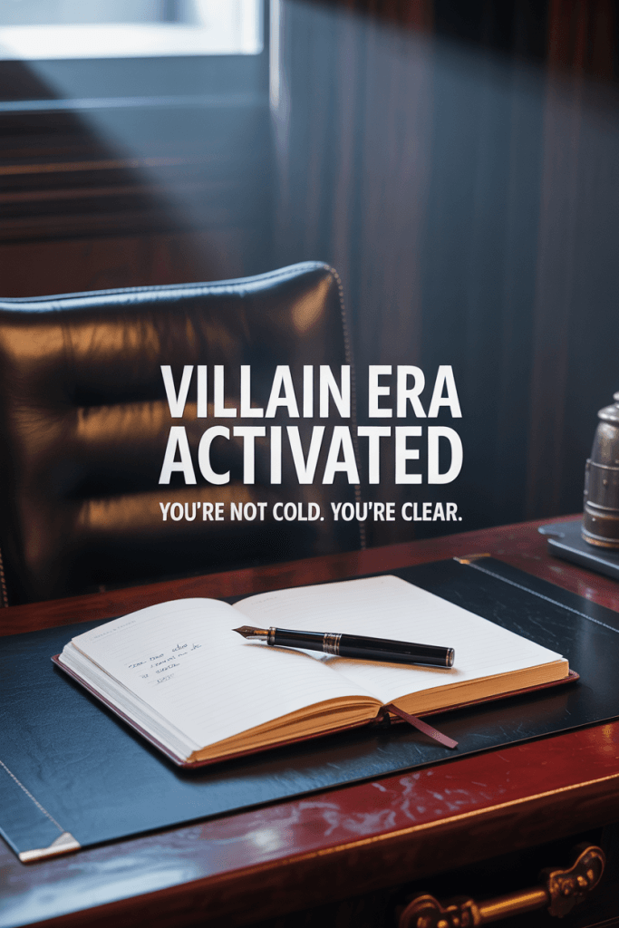 Moody black-and-red journal flat lay with dramatic shadows. Overlay text reads “Villain Era Activated. You’re Not Cold. You’re Clear.”