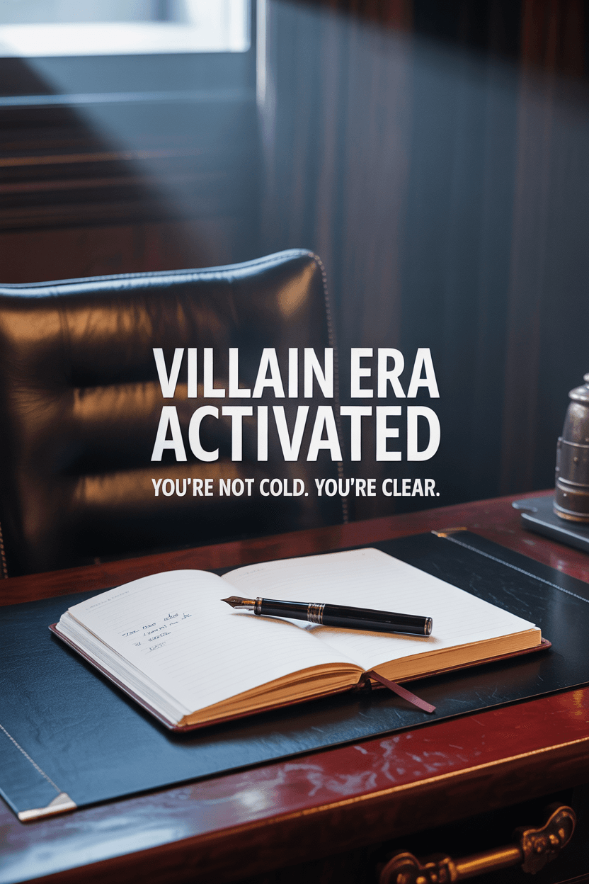 Moody black-and-red journal flat lay with dramatic shadows. Overlay text reads “Villain Era Activated. You’re Not Cold. You’re Clear.”