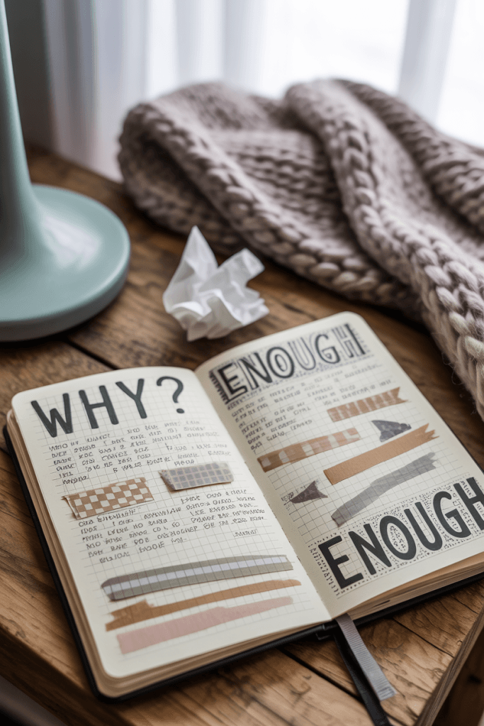 A grungy, handwritten journal spread filled with overlapping notes, doodles, and emotional scribbles. Styled on a cozy desk with soft lighting and layered textures.