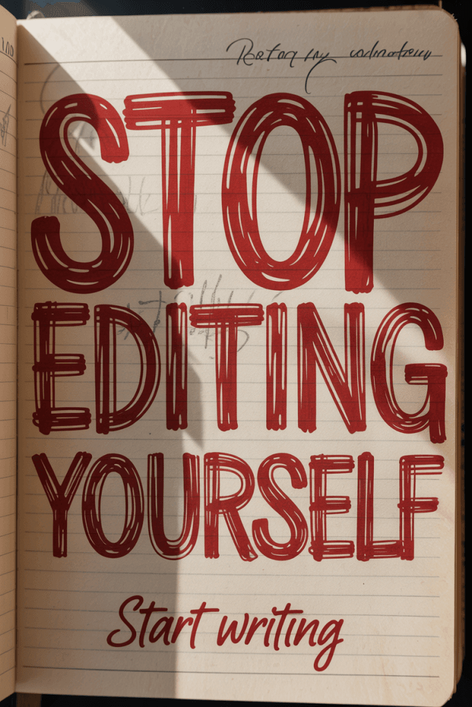 Messy handwriting in red ink on journal pages. Overlay text says “Stop Editing Yourself — Start Writing.” Raw and emotional tone.