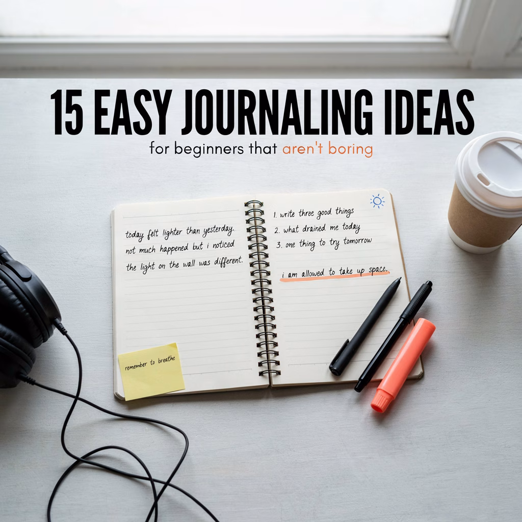 Open notebook showing simple journaling ideas, with the text 15 easy journaling ideas for beginners that aren’t boring.