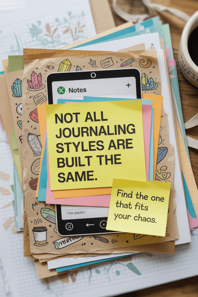 Chaotic torn-paper collage with scribbles and sticky notes.