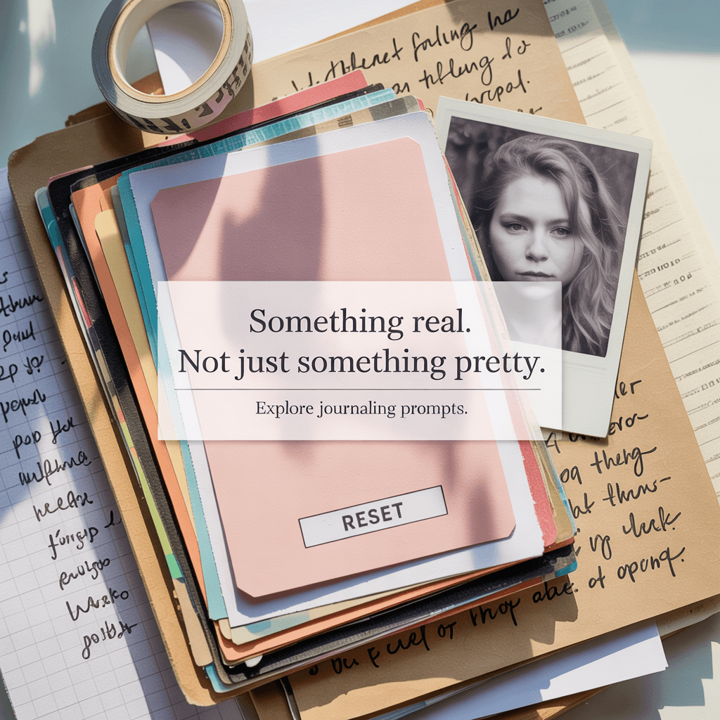 home page images (1) Flat lay of printable journaling prompts, affirmation cards, and collage scraps on a cozy, textured background, representing creative self-reflection.