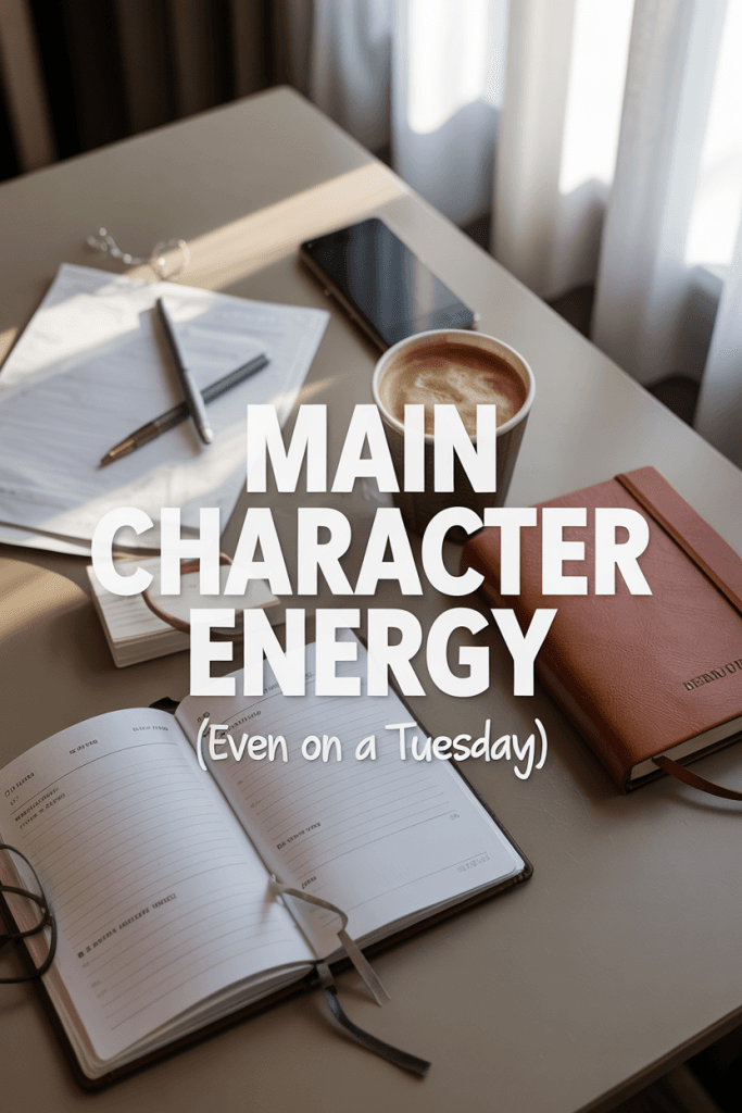 Messy desk scene with coffee, journal, and scattered items. Overlay text says “Main Character Energy (Even on a Tuesday).”