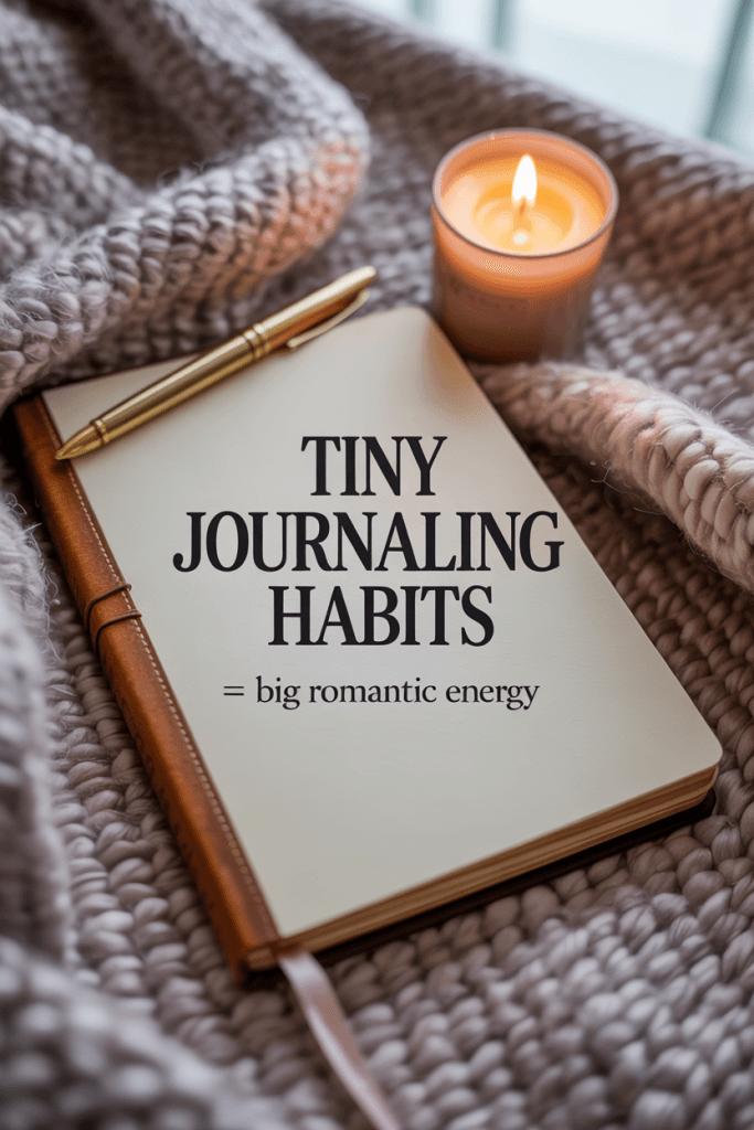 Close-up of candle and journal on blanket. Overlay text says “Tiny Journaling Habits = Big Romantic Energy.”