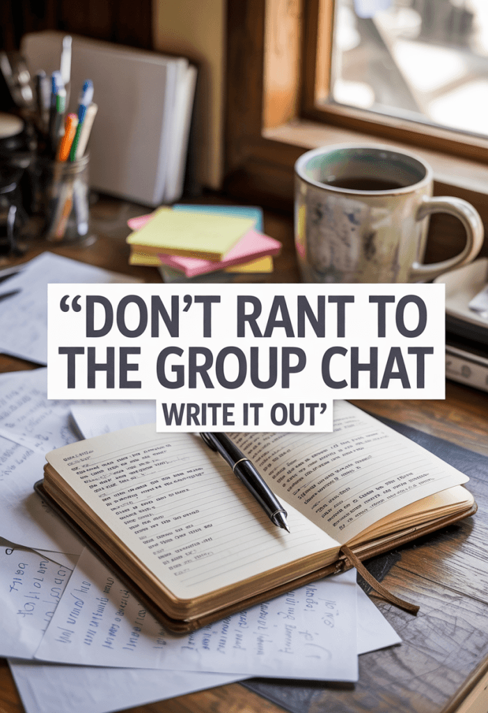 Messy but cozy journal desk setup with scattered pages, post-it notes, and a pen mid-sentence. Overlay text says “Don’t Rant to the Group Chat – Write It Out.” Real-life energy with a healing vibe.