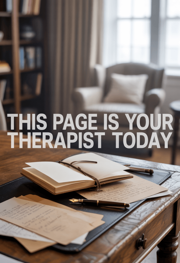 Editorial-style image of an open journal on a softly lit desk, with overlay text in bold typewriter font that reads “This Page Is Your Therapist Today.” Feels expressive and introspective.