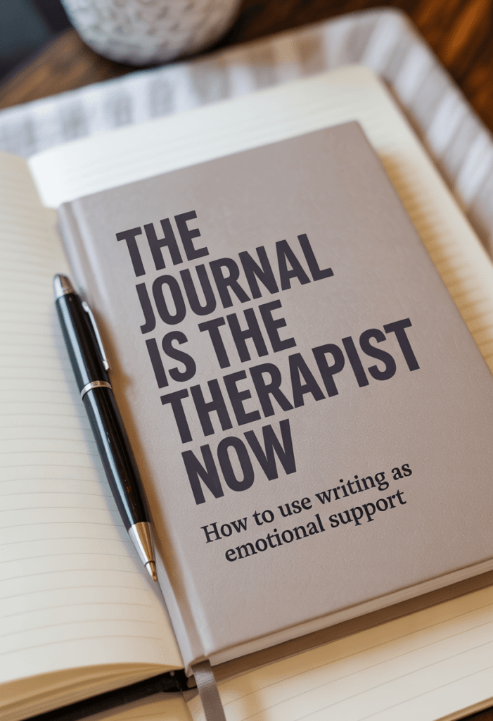 Minimalist journal flat lay with soft neutral tones, pen on open notebook, and bold serif overlay text that says “The Journal Is the Therapist Now – How to Use Writing as Emotional Support.”