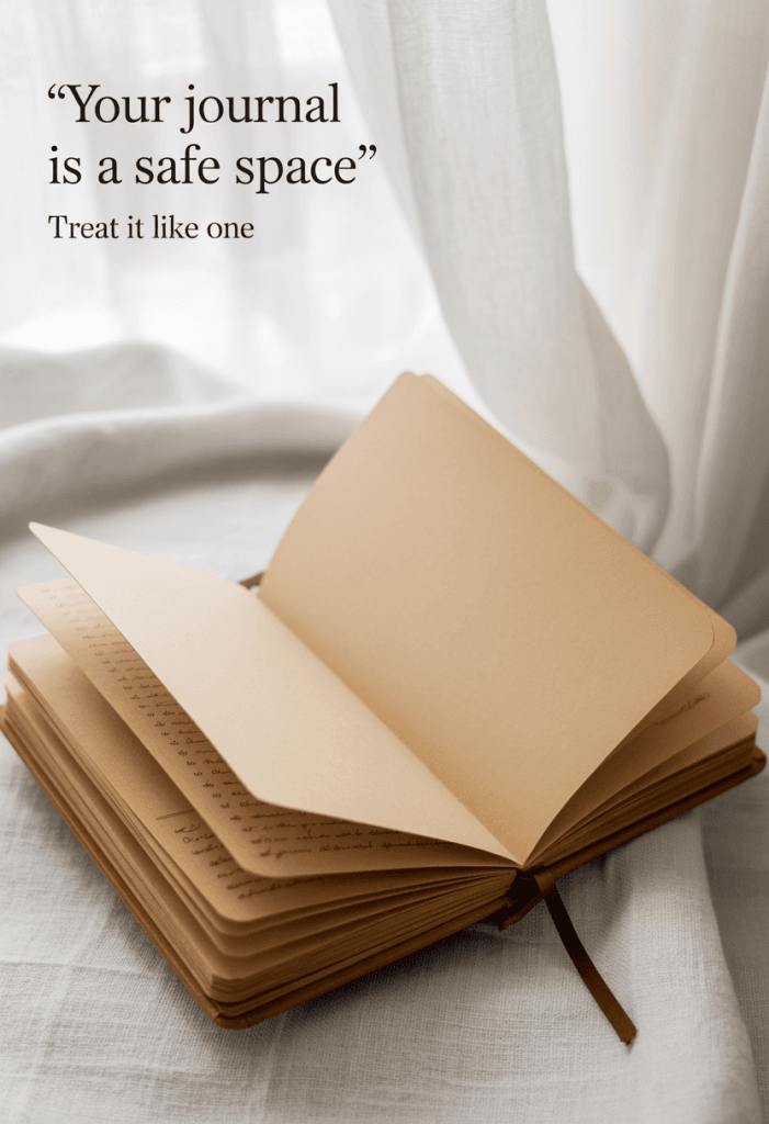 Minimalist open journal on a pale neutral background with natural light and soft shadows. Overlay text in serif font reads “Your Journal Is a Safe Space – Treat It Like One.” Calm and airy aesthetic.
